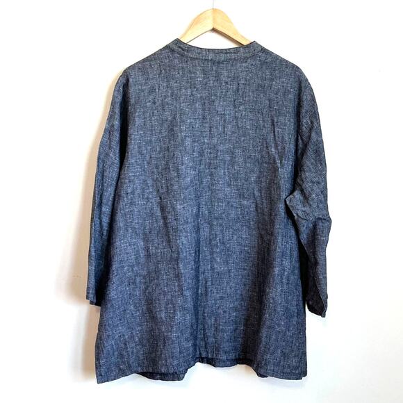 Lagenlook Boho Linen Women Shirt Size 22W Gray Artsy Boxy Embroidered Coastal - Picture 2 of 7